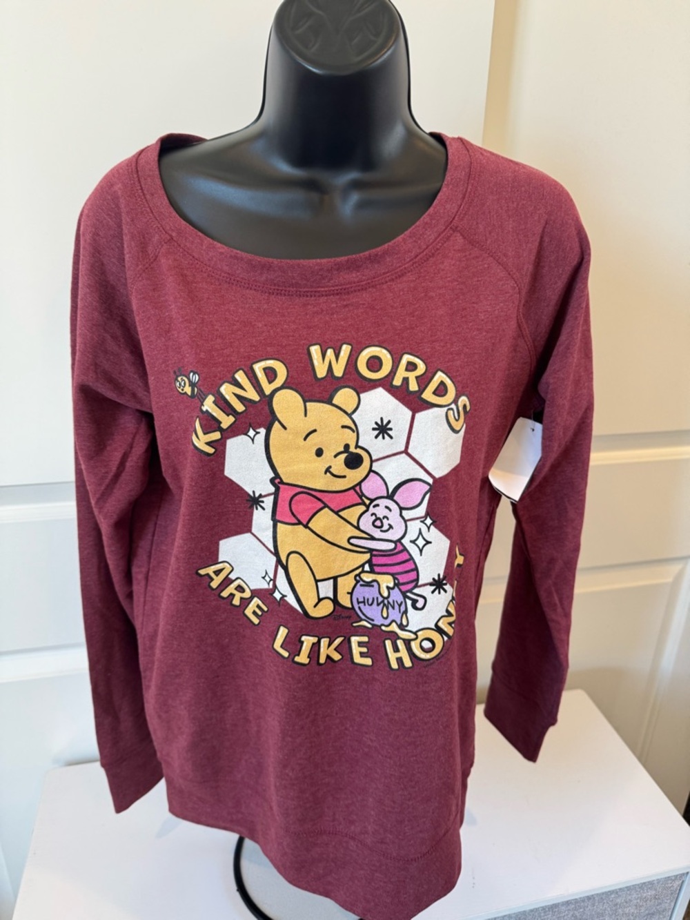 Burgundy Winnie the Pooh "Kind Words Are Like Honey" Long Sleeve Top